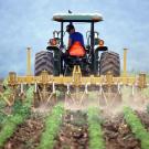 Tractor plowing a field with crops planted