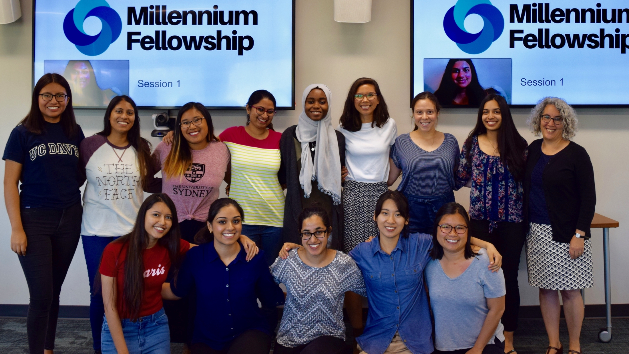 Arteaga (left) and the 2018-19 UC Davis Millennium Fellows with Nancy Erbstein, associate vice provost of Global Education for All in Global Affairs and associate professor in residence in the School of Education (right).