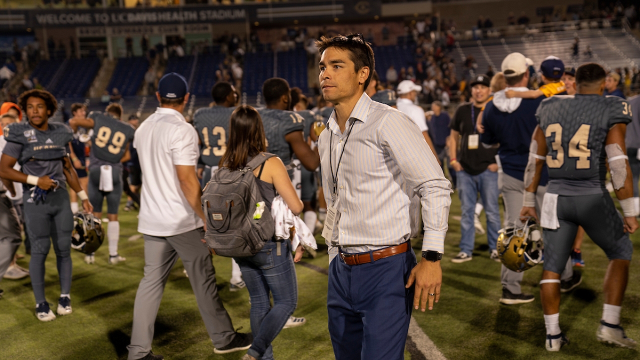 Homecoming football game vs. Cal Poly at UC Davis Health Stadium on October 12, 2019. UC Davis won, 48-24 claiming the Golden Horsehoe. Athletics Director, Kevin Blue kevin blue