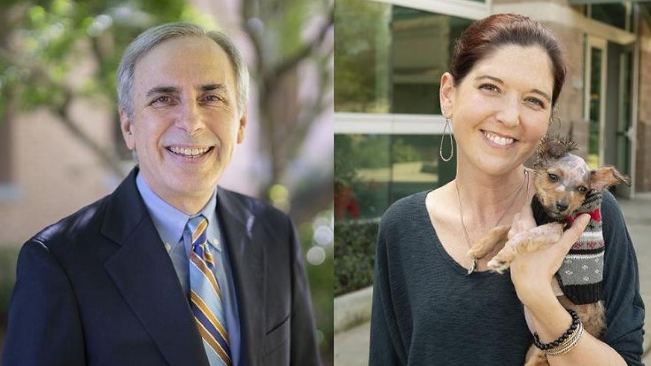 Michael Rogawski, professor in the UC Davis Departments of Neurology and Pharmacology and Jamie Peyton, chief of Integrative Medicine Service at the UC Davis Veterinary Medical Teaching Hospital, pictured side by side
