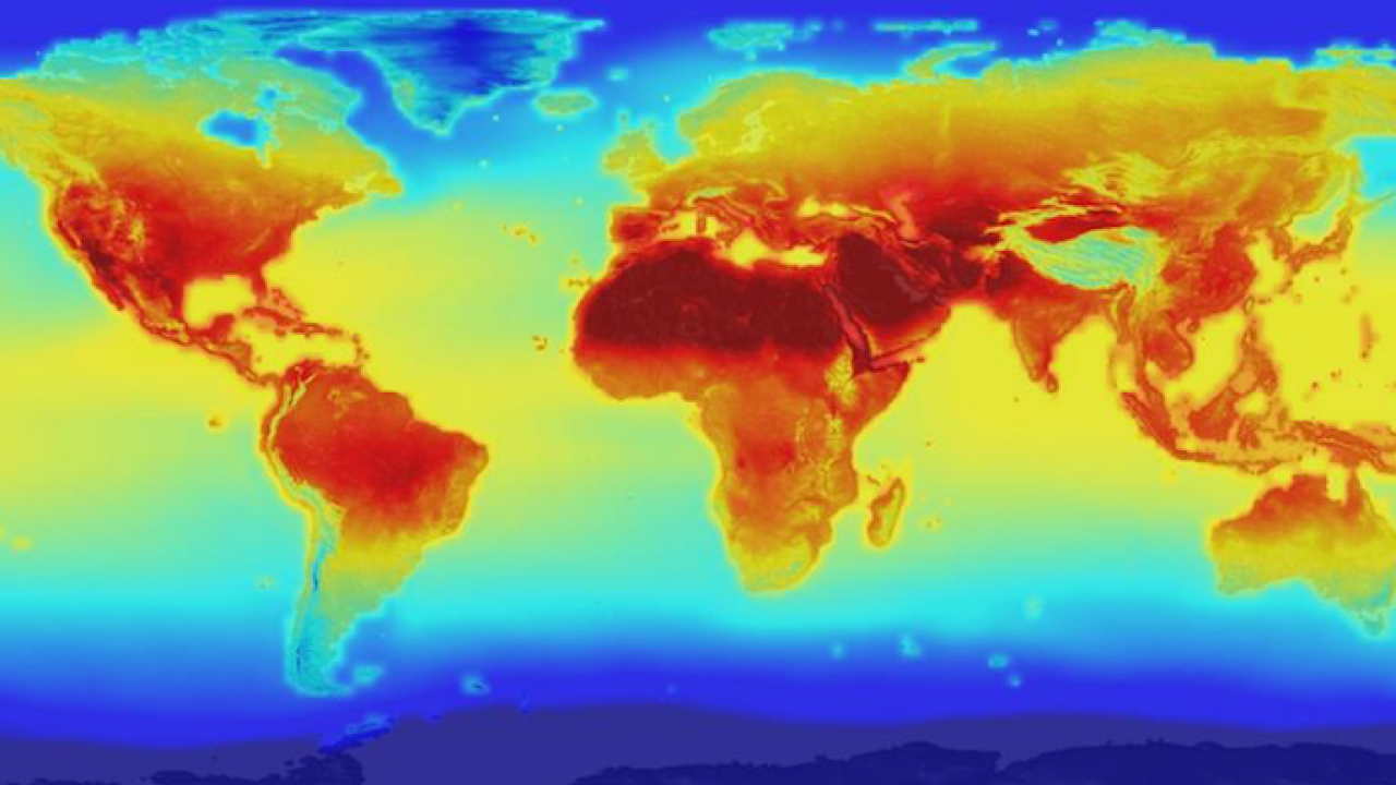 The impact of a warming planet. The statewide model projections for California, based on a future without global policy coordination to reduce greenhouse gas, show a 77 percent increase in the average number of wildfires throughout California compared to baseline conditions of 1961 to 1990. (NASA) NASA thermal image of world