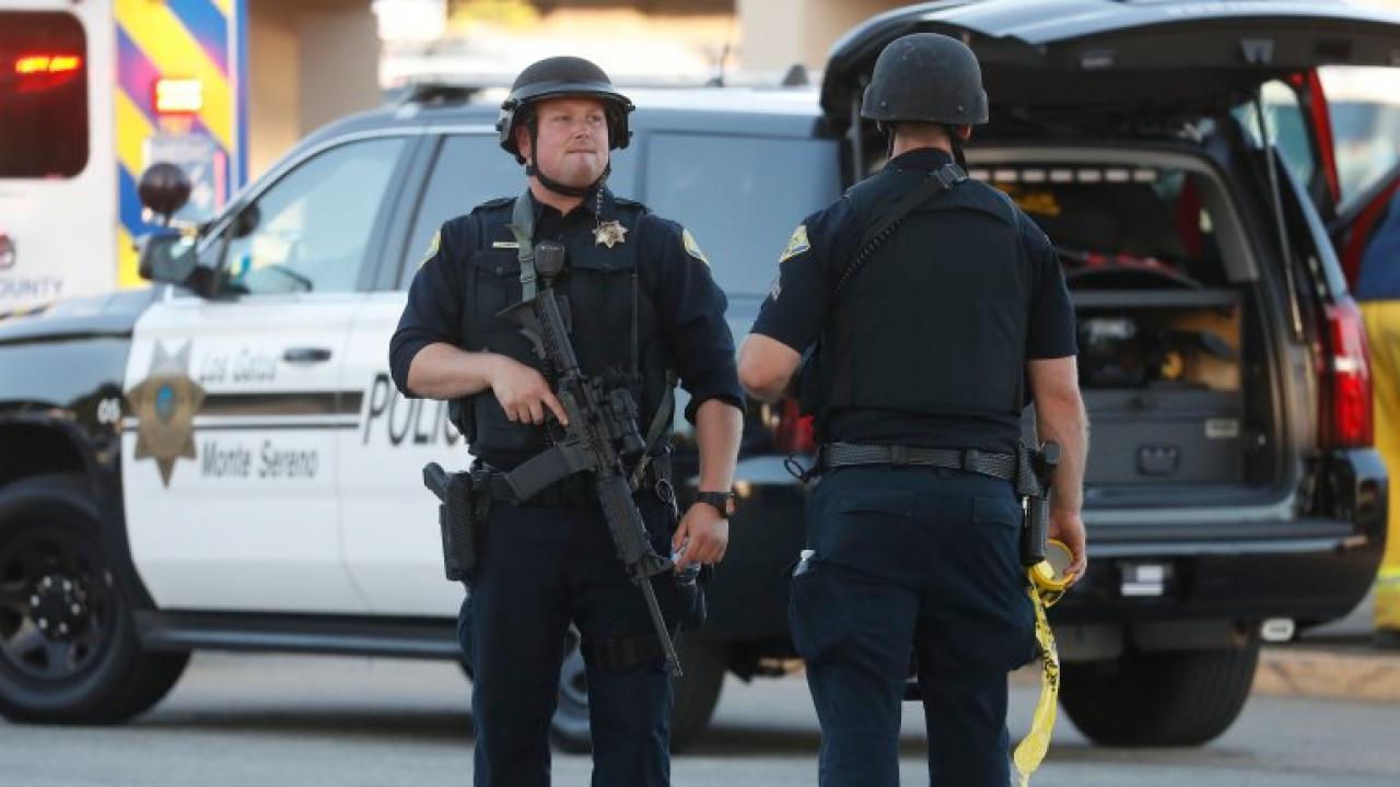 Police stand guard outside of Gilroy High School outside of the Gilroy Garlic Festival following a shooting in Gilroy, Calif., on Sunday, July 28, 2019. (Nhat V. Meyer/Bay Area News Group)