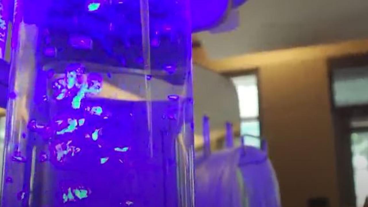 Part of a calming station at the UC Davis MIND Institute - a tube filled with liquid lit up with purple and blue lights