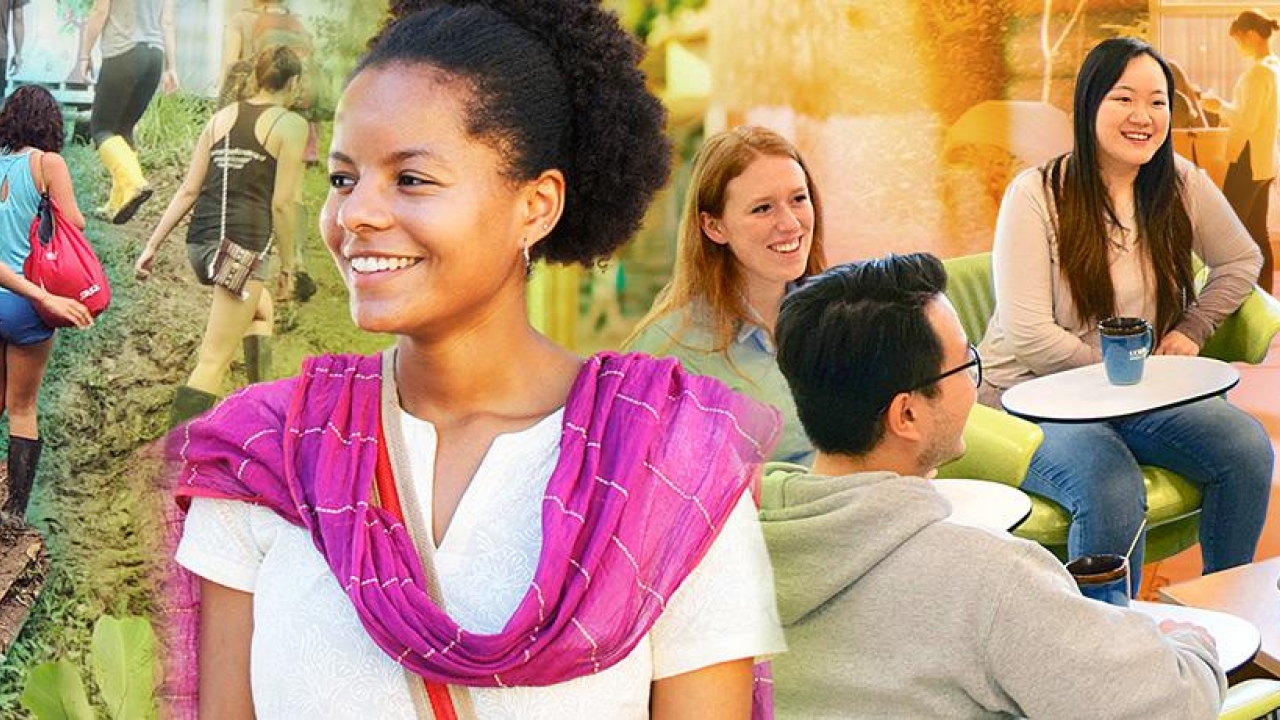 A montage of images featuring students hiking outdoors, a smiling person and a group of students sitting around a small table.