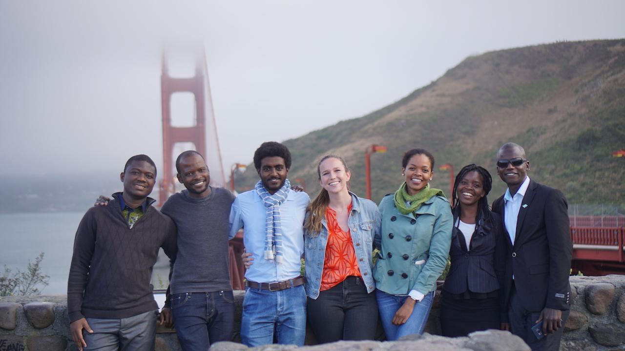 Students posing in front of the Golden Gate Bridge. 