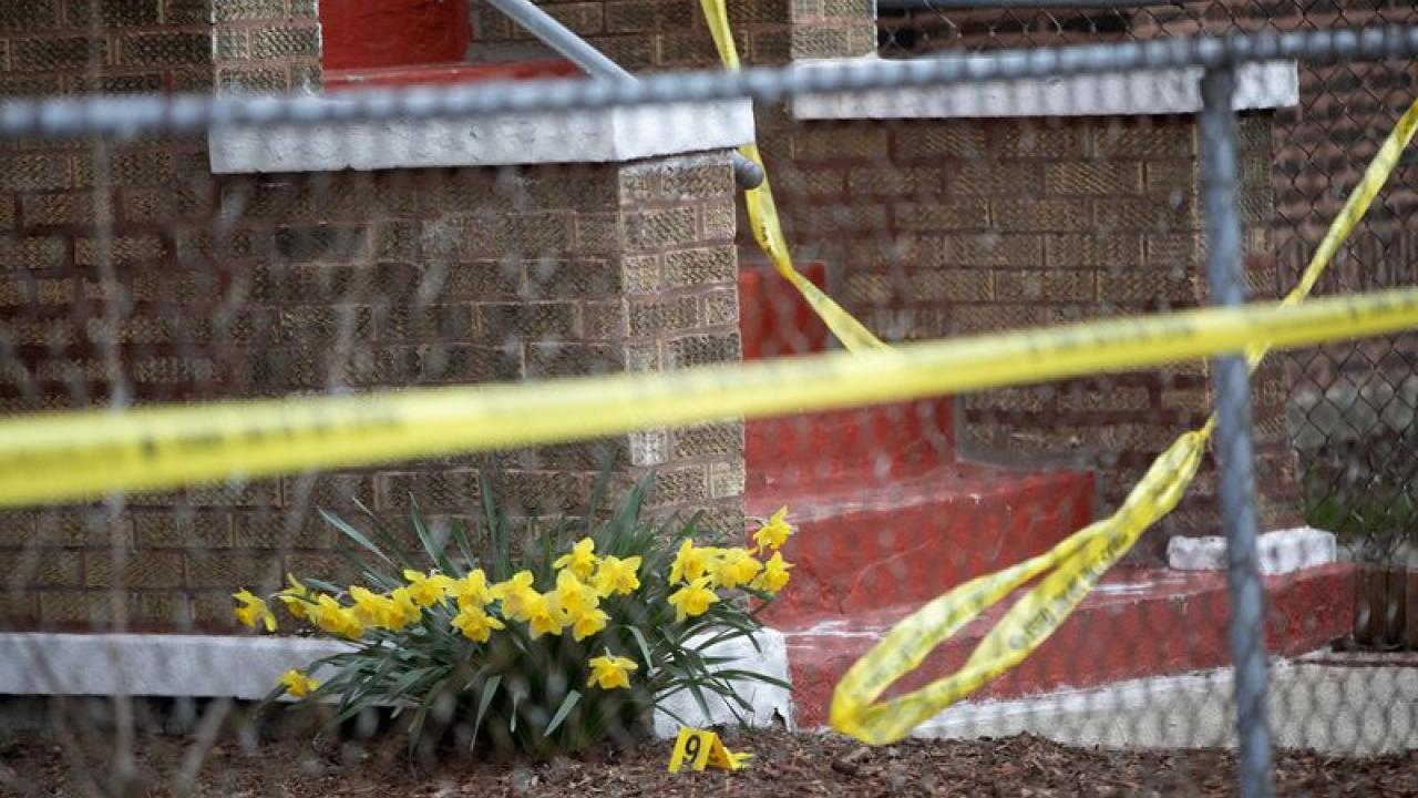 An evidence marker next to daffodils at the scene where Sylvia Hardy’s grandson, 15, was shot and killed on South Kilbourn Avenue, April 8, 2020, in the Lawndale neighborhood of Chicago. (Erin Hooley / Chicago Tribune)