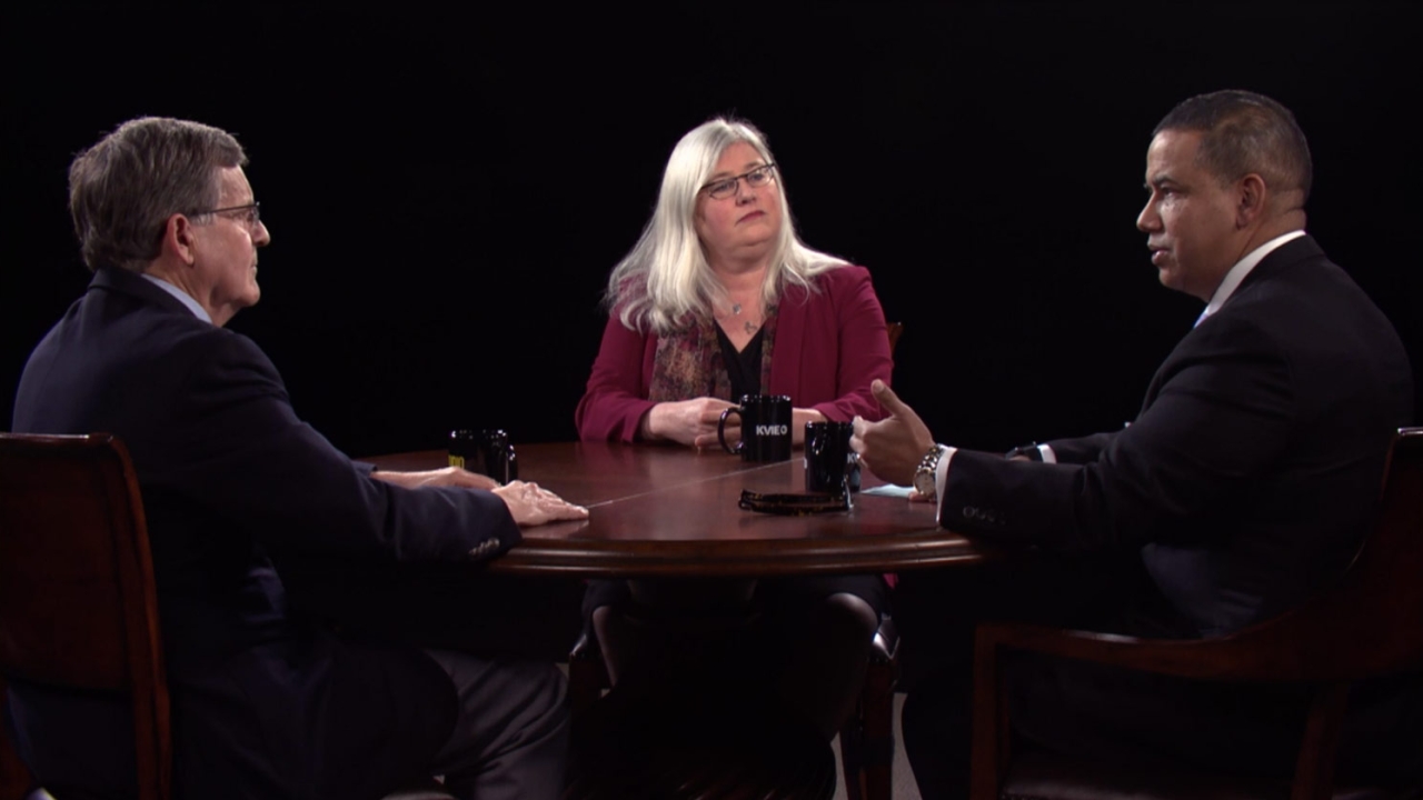 Dr. Tom Nesbitt and Dr. Heather Young with host Scott Syphax Deans from the school of Nursing in a television studio