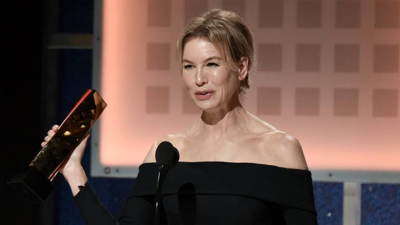 Renee Zellweger accepts the award for best actress at the 19th annual Movies For Grownups Awards on Saturday in Beverly Hills. Zellweger said her dog recently had surgery at a University of California, Davis veterinary hospital. RICHARD SHOTWELL INVISION/AP renee zellweger
