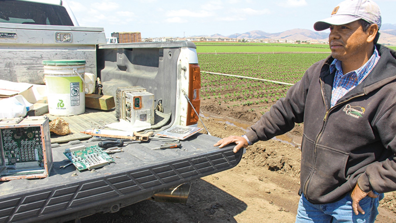 Person standing at open truck bed in middle of field