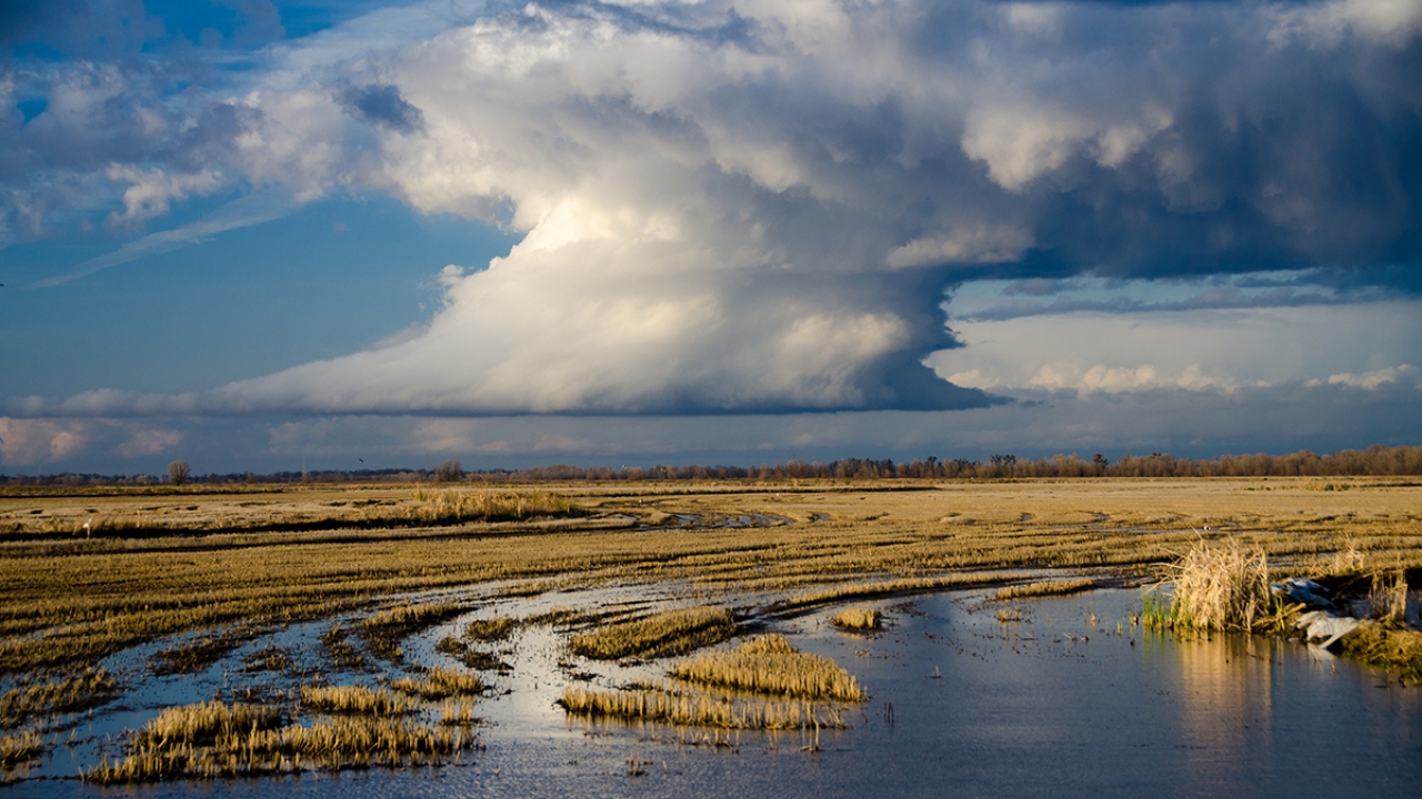 Waterway with blue sky above