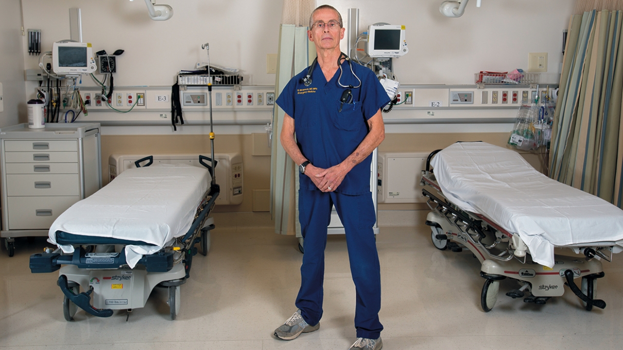 Center for Violence Prevention Research Champion Garen Wintemute M.D., M.P.H., is the director of the UC Firearm Violence Research Center and a practicing emergency physician. Garen Wintemute standing between hospital beds