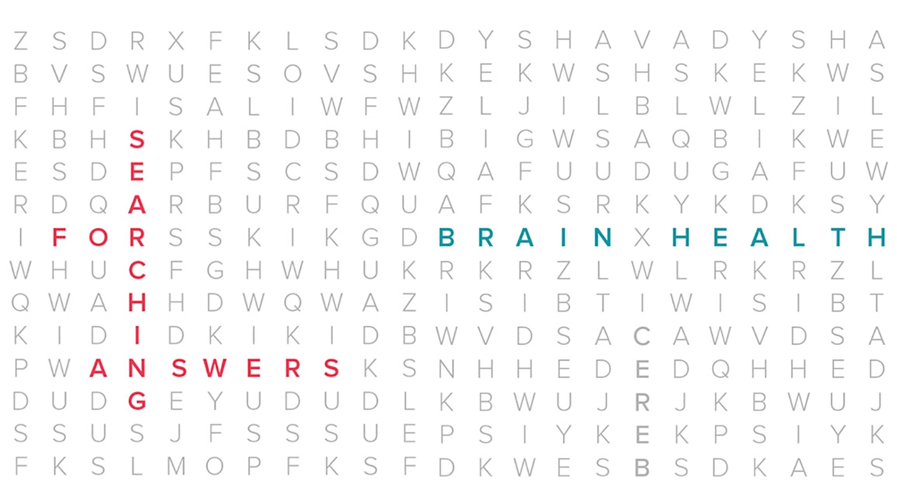 Word search with the words Searching For Answers and Brain Health highlighted