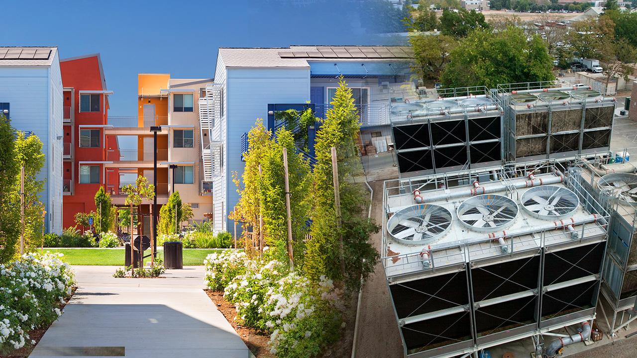 Collage of various campus buildings show UC Davis carbon neutral clean energy efforts. 