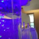 Part of a calming station at the UC Davis MIND Institute - a tube filled with liquid lit up with purple and blue lights
