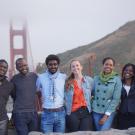 Students posing in front of the Golden Gate Bridge. 