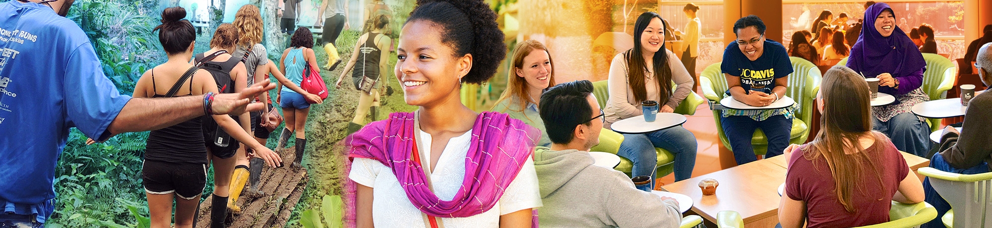 Collage of students and international students interacting with one another.