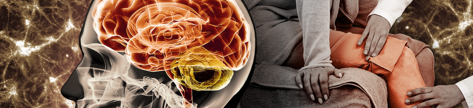 Collage of knee pain, brain and neurons represent the advanced pain care at the UC Davis Pain Relief Center.