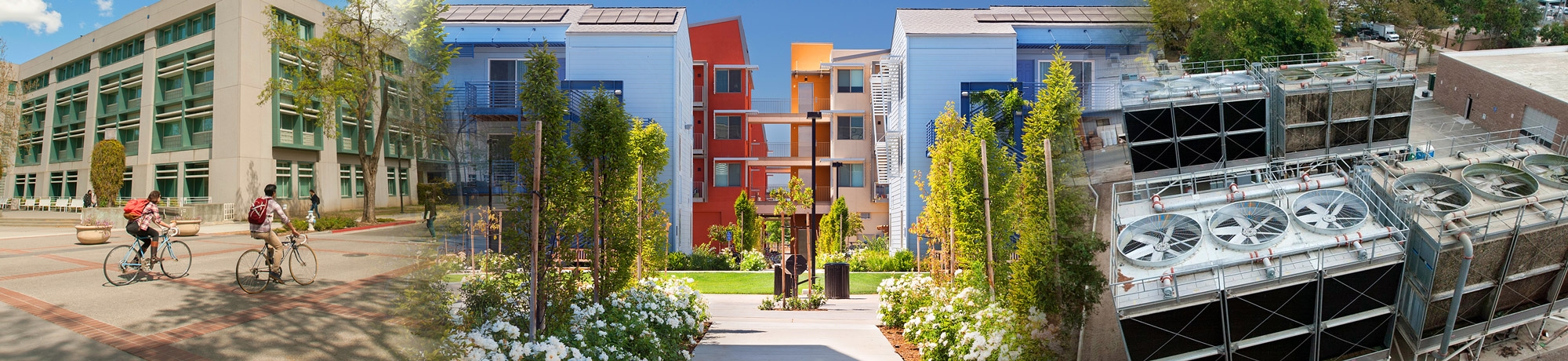 Collage of various campus buildings show UC Davis carbon neutral clean energy efforts. 