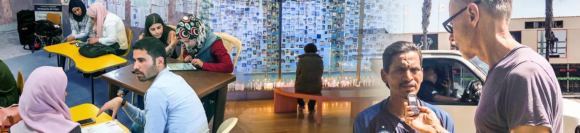 Collage of people with different backgrounds represent the human rights movement at UC Davis. 