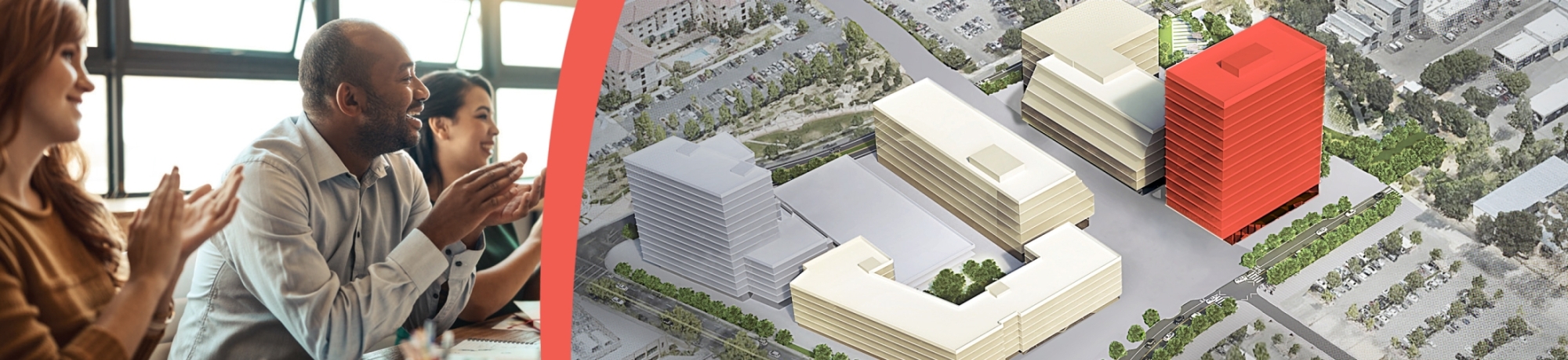 People clapping next to artist rendering of Aggie Square