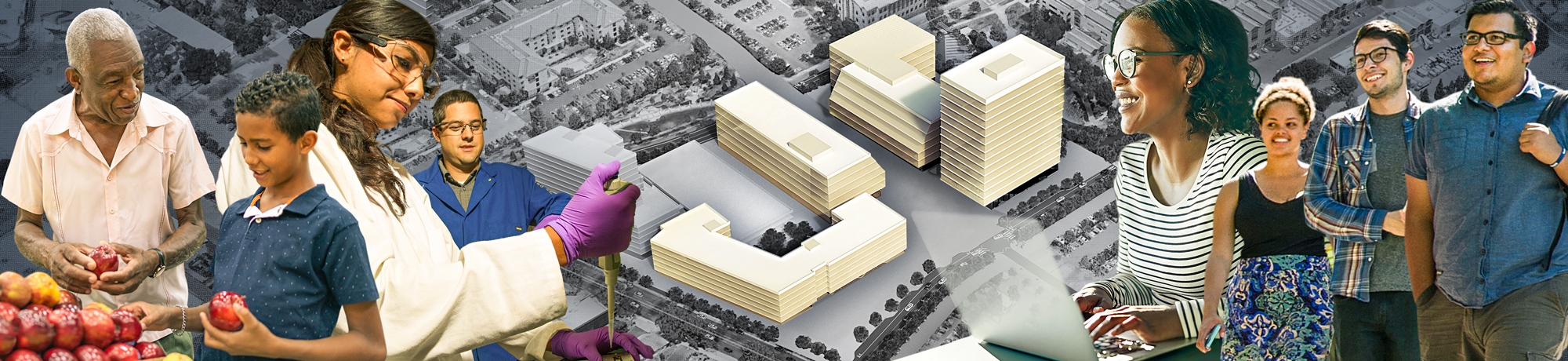 Collage of people with food, people in a lab, an artist rendering of Aggie Square and people walking